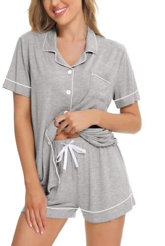 SWOMOG Women Pyjamas Set Short Sleeve Sleepwear Womens Button Down Nightwear PJ Set with Pockets