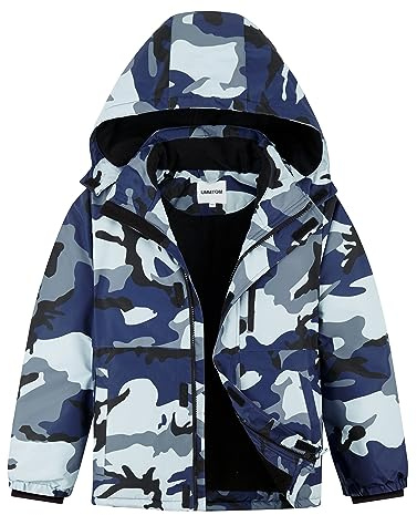 UMMTOM Boys Waterproof Ski Jacket Fleece Lined Warm Winter Snow Coat Hooded Winter Jacket for Kids(Indigo Sea,9-10)