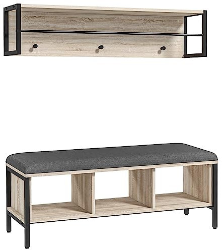 HOMCOM - Juego de mueble de entraditas 2 en 1 con 3 armarios y percheros de pared, 3 ganchos y barra – Cojín acolchado – Natural y negro