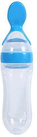 Biberon avec Cuillère, qualité Alimentaire, Biberons Compressibles pour nouveau-né, Biberon en Silicone pour Céréales, Lait, Bouillie, 90 Ml (Bleu)