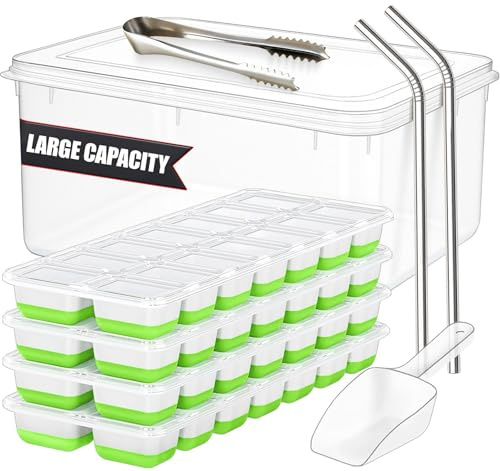 56pcs Ice Cube Tray with Lid and Bin – Stackable 4 Trays Silicone Plastic Freezer Mold, Large Ice Bucket with Scoop, Tong & 2 SS Straws – Easy Release Ice Maker for Cocktail, Coffee, RV, Whiskey