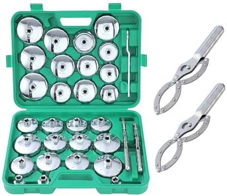 TOPWAY 31 PCs 1/2 Juego de Vasos para Llaves de Filtro de Aceite con 2 Esposas Tipo de Llave de Filtro de Aceite de Ajustable y Llave, Acero Inoxidable, para Reparación de Automática