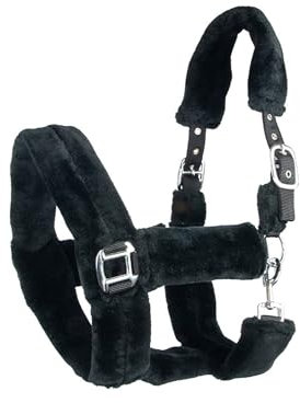 Brama West Halfter Pferd Arktis mit weichem Teddy-Kunstfell - Plüschhalfter (Schwarz, Cob)