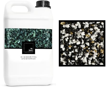 Mr. Epoxy Steinteppich für Außen & Innen Komplettset (25kg Kies + 1,3kg Bindemittel) - UV-Stabil & Geruchsneutral - Buntsteinputz mit Versiegelung als Bodenbelag (Bianco e Nero e Oro)