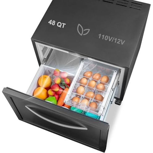 Smad 12V Drawer Fridge, 12 Volt Drawer Refrigerator 48QT(45L) Pullout Fridge, Quiet, DC 12V for Travel Camping Road Trips Truck Van SUV, AC 110V for home office, Black