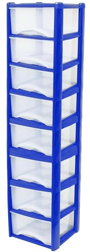Neat. 8 Plastic Storage Drawers Unit with See-Through Drawers, Compact Vertical Design – Durable Plastic, Ideal for Organizing Office Crafts, and Household Items, 160cm x L39cm x W39cm - Blue