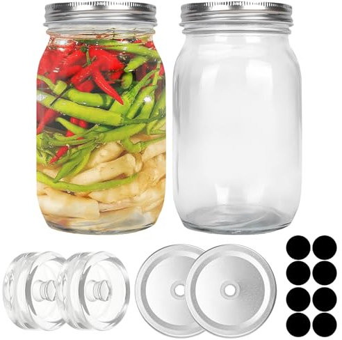 CYUaoao 2 Fermentier Set Fermentiergläser 1L mit Fermentiergewichte und Schraubdeckel Gärglas Mason Jars 1 Liter von Kimchi Sauerkraut container Mehrzweck Vorratsgläser mit Deckel