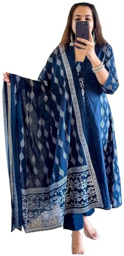 GoSriKi Anarkali Kurta en viscose imprimée avec pantalon et dupatta pour femme, bleu, 42