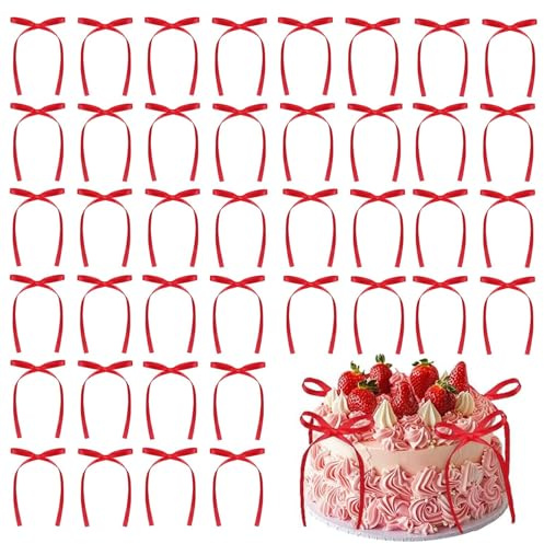 AOOTE 40 Pezzi Decorazioni per Torte con Fiocco Rosso, Nastri Bowknot Fiocco Torta Dessert Picks, Nastri A Fiocco, Decorazioni per Torte per Decorazioni Sposa Babyshower Compleanno Matrimonio