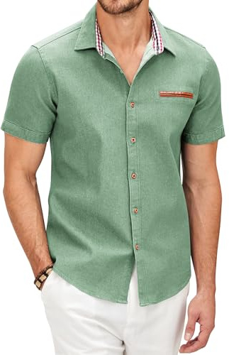 COOFANDY Camisas de manga corta para hombre, de verano, casual, de mezclilla, para trabajo, cuello a cuadros, con botones, camisa de vestir, Verde celadón, XXL