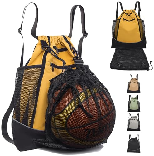 AUNGKWANG Mochila Deporte Niño, Mochila Deportiva Con Cordón Para Baloncesto, Mochilas De Fútbol Red Portátil De Pelota, para Pelotas Baloncesto, Fútbol, Voleibol (Amarillo)