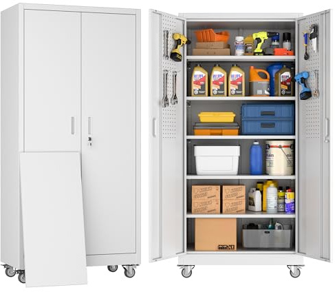 SUPEER Metallschrank mit Pegboard und Abschließbare Räder, 5 höhenverstellbaren Fachböden,Stahlblech Pulverbeschichtung,Stahlschrank Abschließbar für Werkzeuge,Garage180 x 80 x 40 cm（weiß）