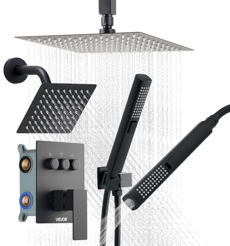 VEVOR Set Doccia con Sistema Doccia a Pioggia da 254 mm, Soffione a Parete, Doccetta, Soffione a Pioggia Doppio Girevole, 3 Funzioni, Kit di Finitura e Valvola in Ottone, Nero Opaco