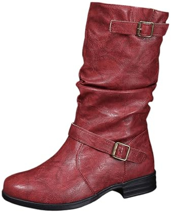 Generisch Botines de mujer de media pantorrilla para mujer, botines casuales con detalle de hebilla, tacón bajo, zapatos cómodos para trajes de invierno, Vino, 38 EU
