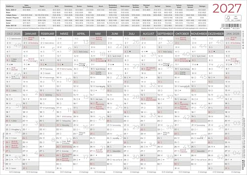 Kleiner Wandplaner 1 Stk. gerollt 2027: Jahresübersicht 70x50 cm 1 Stück gerollt mit 14 Monaten auf einen Blick, Feiertagen, Ferienterminen & Mondphasen ideal für Büro, Schule & Zuhause