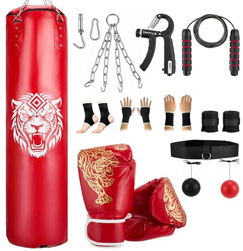 Sac de frappe pour adulte de 120 cm – Sac de frappe lourd avec gants de boxe de 283 g, entraîneur de force de préhension, corde à sauter, balle de réflexe, enveloppes, montage au plafond – Kit complet
