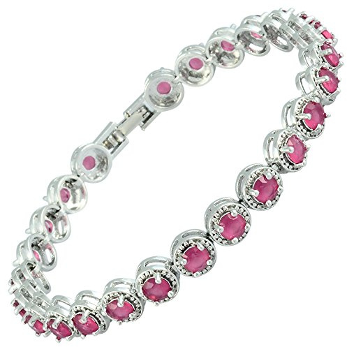 RIZILIA Tenis Pulsera [18cm/7inch] con Corte Redondo Piedras Preciosas Circonita CZ [Rubí Rojo] en 18K Chapado en oro blanco, Elegancia Moderna Sencillo