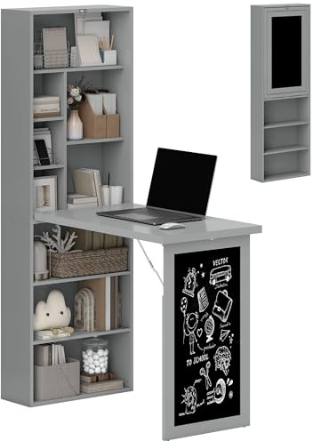HOMCOM Wall Mounted Computer Desk, Space Saving Folding Study Table with Black Board, Bookshelf, Floating Writing Desk with Adjustable Shelf, 9 Open Compartments for Small Space, Grey