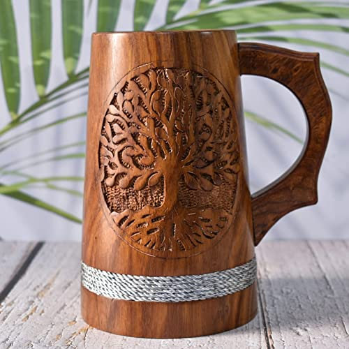 Indian Viking Style Wooden Beer Mug - 20 OZ Natural Hardwood Drinking Cup for Him - Wedding & Birthday Gifts (Both Side Engraving Sheesham Wood)