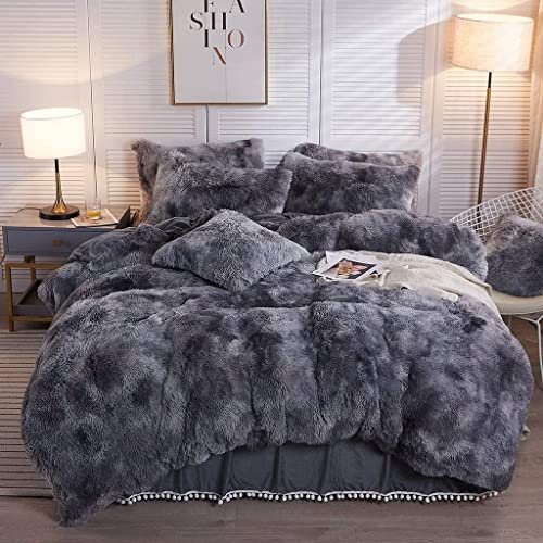 Nyescasa Winter Plüsch Bettwäsche 135x200 cm Grau Anthrazit Warme Flauschig Langhaar Flausch Biber Wendebettwäsche Set Microfaser Einzelbett Bettbezug mit Reißverschluss und Kissenbezug 80x80cm