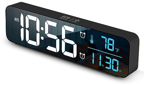 Abovsare Digital Clock for Bedroom, Clocks for Living Room Decor, Desk Table Clock, Alarm Clock Large Display with Date Week Temperature, Automatic Brightness Dimmer, Smart Cool Modern (Black Blue)