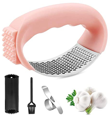 Emwel Ingwer-Knoblauchpresse Wippe – Kostenlos mit Orangenschäler Edelstahl Ingwer Knoblauchpresse Professioneller Knoblauchpresse und Edelstahl-Orangenschäler Set