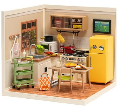 Rowood Miniature Kitchen Building House Kit Set with LED, DIY Plastic Mini Accessories Kit to Build Playset for Kids Adults, Easy and Lovely Craft Kits Gifts on Birthday Christmas-Happy Meals Kitchen