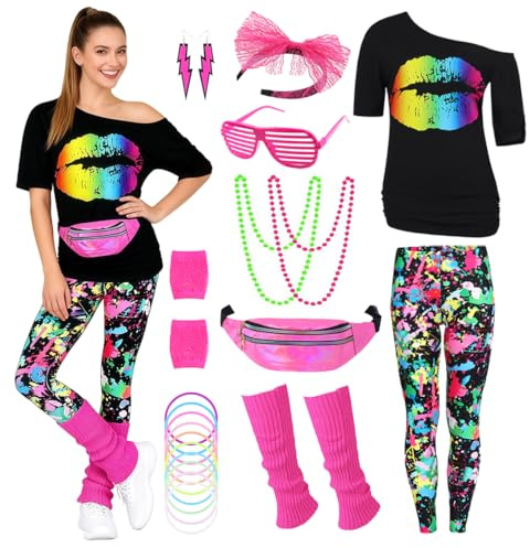 80er Jahre Outfit Damen 80 er Jahre Fasching Kostüm Zubehör Rosa Set mit Bauchtasche Haarband Ohrring Netzhandschuhe Gläser Armband Halskette Leggings Neon Kleidung Bad Taste Outfit Damen VL018XXXL