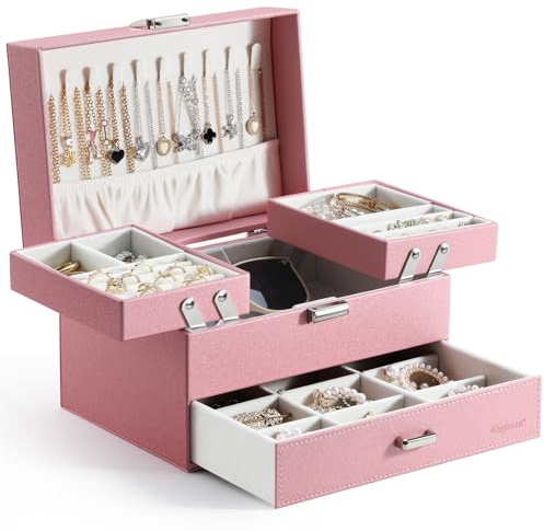 Dajasan Portagioie Donna a 3 Livelli, Scatola Portagioie con 1 Cassetto, Organizzatore in Pelle Sintetica, Supporto Metallico Mobile, per San Valentino, Natale e la Festa della Mamma, Moderno (Rosa)
