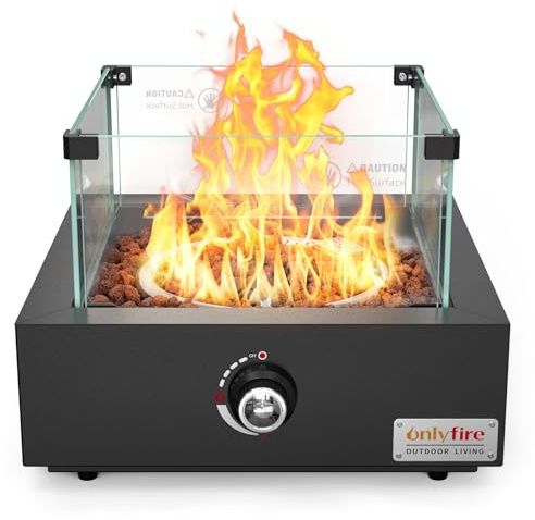 Onlyfire Tabletop Gas Fire Pit, Outdoor Gas Patio Heater with Lava Rocks & Glass Wind Guard, 6,74 kW Propane Fire Pit for Patio, Backyard and Garden, Square