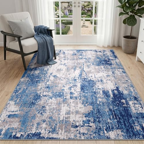 DEFYNEE Modern Abstract Rugs Living Room 90x150 cm Non-Slip Soft Low-Pile Washable Rug for Hallway, Bedroom, and Kitchen-Greyblue