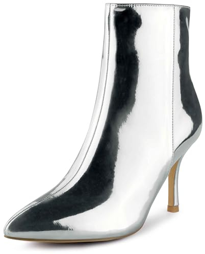 Perphy Silver Patent Boot Pointy Toe Stiletto Heel Silver Ankle Boots for Women 8 M US