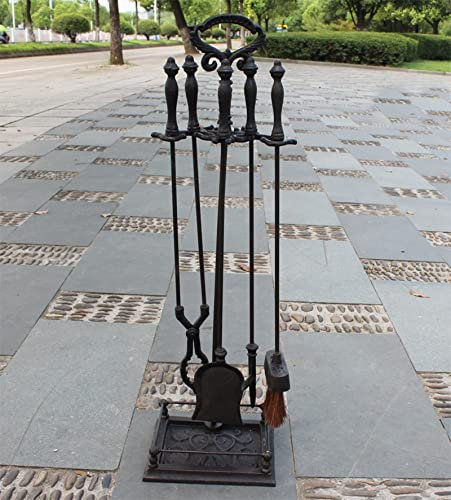 GLJTUO Set di Utensili per Camino in Ferro Battuto da 5 Pezzi, Set di Utensili per Camino, Braciere da Esterno, Kit di Utensili per Stufa, Stile Classico, 28 Pollici, Set di Utens,