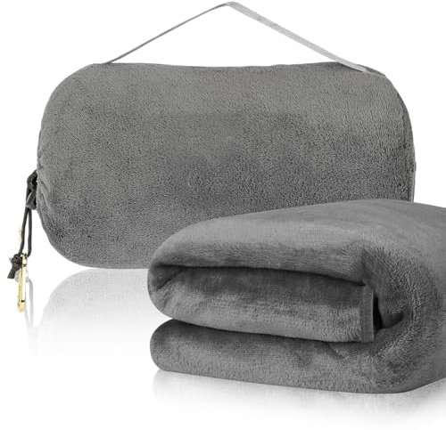 WANDGU Reisedecke Ultraleicht Warm: 127 x 152 cm Kissen Decke 2 in 1, Flugzeugdecke Ultraleicht Faltbare Campingdecke für Reisen, Bahn, Flugzeug, Auto, Camp Grau