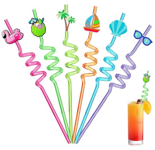 Ulife Mall Reusable Drinking Straws, Plastic Straws Novelty Hawaiian Decor Straw Beach Pool Seashell Flamingo Curly Summer Party Straws for Adults Kids Birthday Favors Decorations - Pack of 6