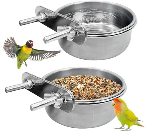 Kathson Stainless Steel Bird Bowl Parrot Food Water Bowls with Clamp Holder Bird Feeder Dish Cups Crate Bowls for Cockatiel Pigeons Conure Budgies African Greys 2 Pcs