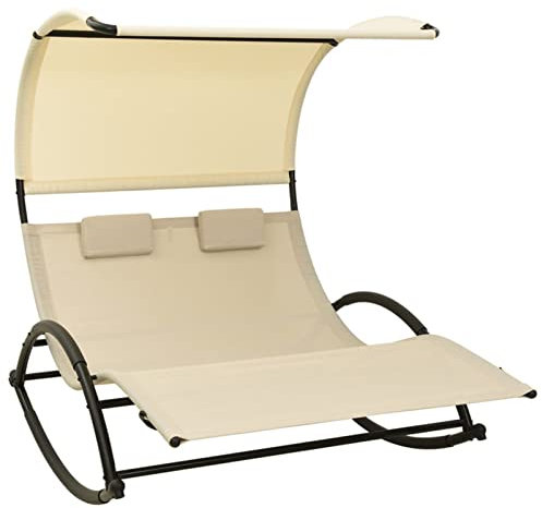 IKAYAA Doppel-Sonnenliege Doppelliege mit Sonnendach, Relaxliege, Gartenliege, Schaukelliege ergonomische Liegefläche, Textilene, Creme