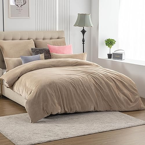 Soifox Biancheria da letto invernale in flanella, 180 x 200 cm, colore: beige sabbia, soffice e caldo, set da 2 federe da 80 x 80 cm, con chiusura lampo