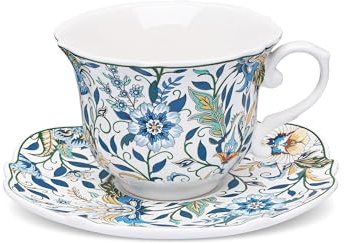 fanquare Blå och vit kopp och fat, 1 st, 250 ml stor keramisk kaffekopp med blommor, vintage tekopp för mellanmålspresenter