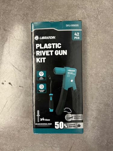 LIBRATON Kit de pistolet à riveter en plastique, angle de 90 degrés avec 40 rivets en nylon (4 tailles), nez universel pour automobile/électronique, ergonomique et force 50 % plus légère