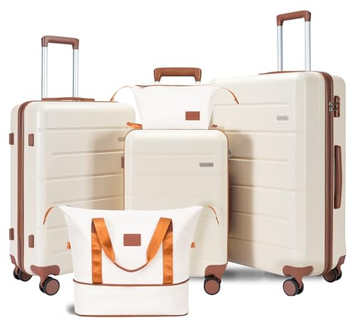 Voytra 5 Piece 20 24 28 ABS Hardside Luggage Set, Lightweight Suitcase with TSA Lock & Smooth Spinner Wheels for Weekend and Air Travel (20/24/28/DB/TB Beige)
