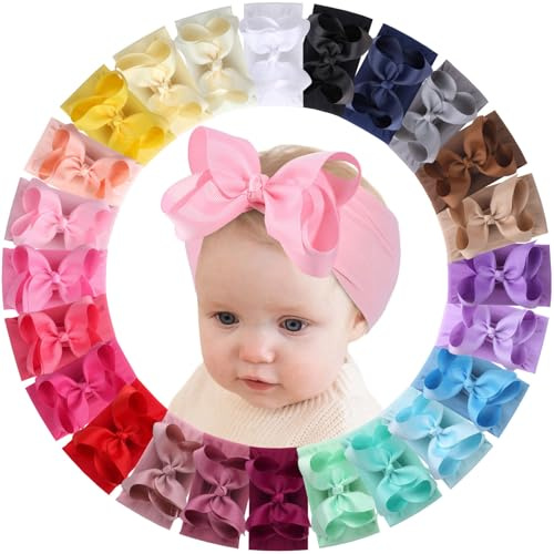 vobobe 24Pcs Baby Girls Bows Headbands, Newborn Nylon Hairbands Ribbon Bow