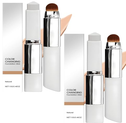 2pcs Color Changing Foundation Stick mit Bürste, Cover Cream Stick V, Full To Medium Coverage Base Makeup, Feuchtigkeitsspendende Farbwechselndes Foundation-Stick for Alle Hauttypen(Natürliche)