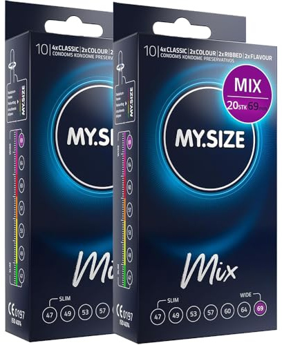 MY.SIZE Mix kondomer 69 mm 20 stycken – Storlek XXXXL | Varianter: blå, röd med jordgubbssmak, räfflad, natur | Premiumkondomer | Tyskt varumärke | Tjocklek 0,07 mm