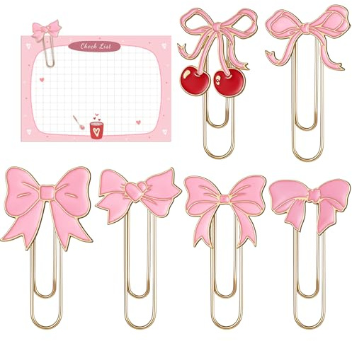 Pink Paperclip Bookmark, 6 Pcs Large Metal Paperclips, Cute Bookmarks, Coquette Preppy Planner Clips for Office Home Supplies Gifts Wedding Decoration