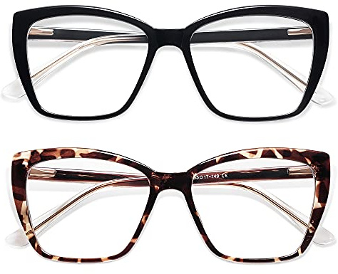 AMOMOMA Trendy TR90 Oversized Blue Light Reading Glasses Women,Stylish Square Cat Eye Glasses AM6031 C1+C6 2.0 x