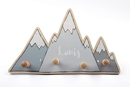 Personalisierte Kindergarderobe 'Gipfel' aus Birkenholz mit vier Kleiderhaken, Garderobe für Kinder mit Wunschnamen, Motiv Berggipfel, ca. 35 x 21 cm