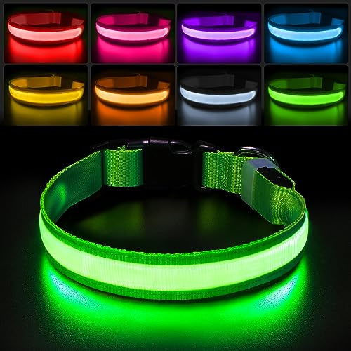 PCEoTllar Light Up Collar - Rechargeable Flashing LED Collar, Adjustable for Small to Large Dogs, Waterproof, 7 Colors Glowing, Green (8 Modes) - M