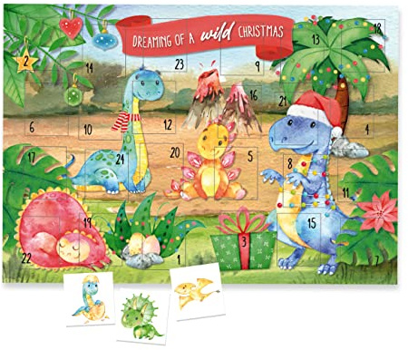 Pappersdrake adventskalender 2025 dinosaurier – Dreaming of a Wild Christmas – 24 tatueringar – kärleksfullt illustrerad – julkalender för barn