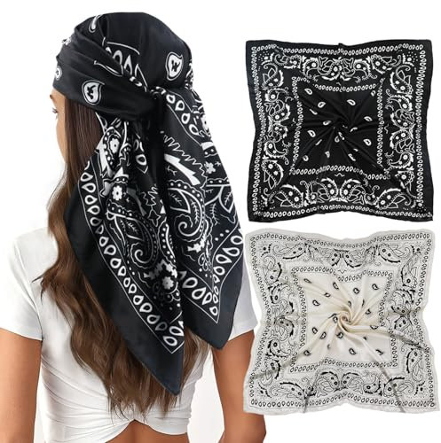 vimate Bandanas Schals-2 Pcs 90x90 Quadratisch Klassisch Schwarz Weiß Paisley Muster Sei Wie Kopftücher für Damen Haar (2 Pack-C)